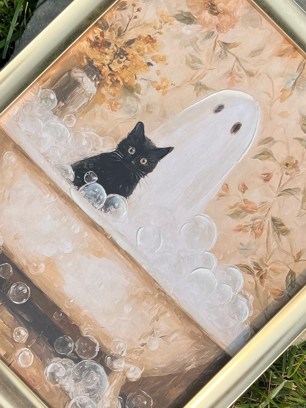 Black Cat in Bathtub Art Print - Soft Pastel Tones
